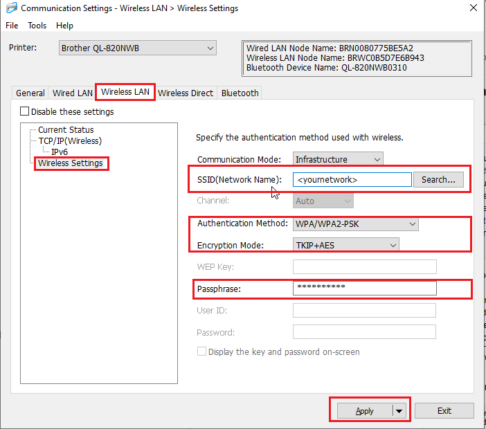 Network settings for the wireless